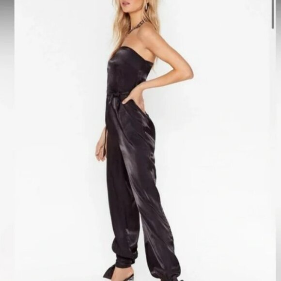 Nasty Gal Black Satin Belted Strapless Jumper Jumpsuit with Ties Size 4 - Picture 2 of 16